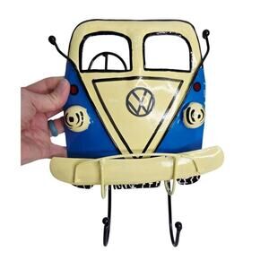 Volkswagen Blue Van Metal Car Front Wall Art 2 Peg Key Holder Home Decor